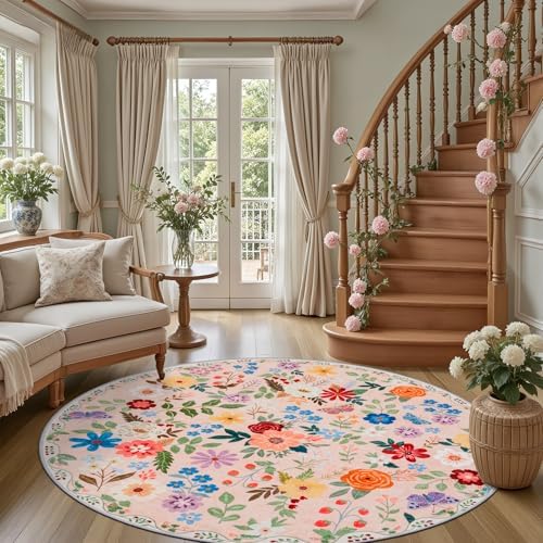 PLHXFR Round Area Rug Living Room: 6 ft Floral Washable Soft Carpet Beige