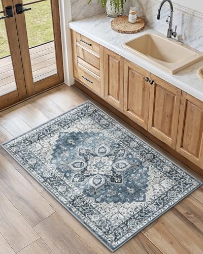 Amada Small 2x3 Washable Area Rug for Entryway, Blue, Vintage Pattern