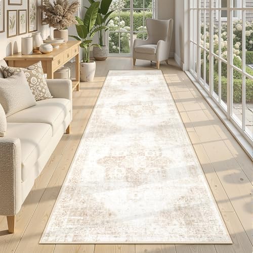 Runner Rug 2.6x8 Washable Rug, Vintage Boho Medallion Hallway Runner Non-Slip Soft Low Pile Distressed Floor Carpet Retro Doormat for Kitchen Bedroom Laundry Entryway Bathroom (Beige, 2'6''x8')