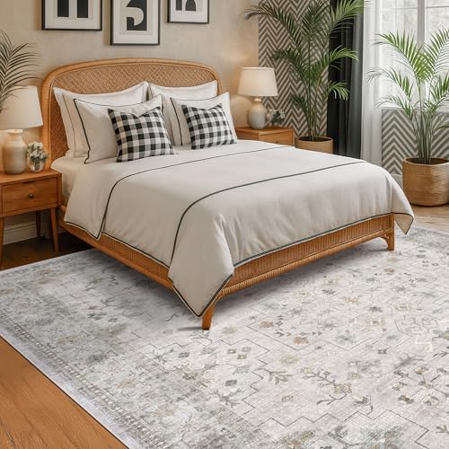 Boho Living Room Rug 7x10 - Washable Light Gray & Sage Area Rug for Dining Under Table, Low Pile Non-Slip Large Bedroom Carpet, Modern Eclectic Geometric Neutral Floral Décor