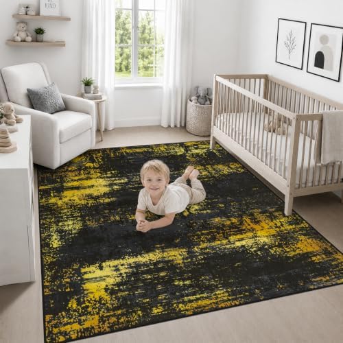 Area Rug Living Room: 6x6 Modern Washable Soft Carpet Black Gold