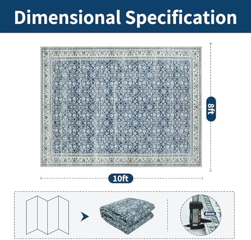 8x10 Boho Washable Area Rugs for Living Room,Bedroom,Dining Room-White Blue