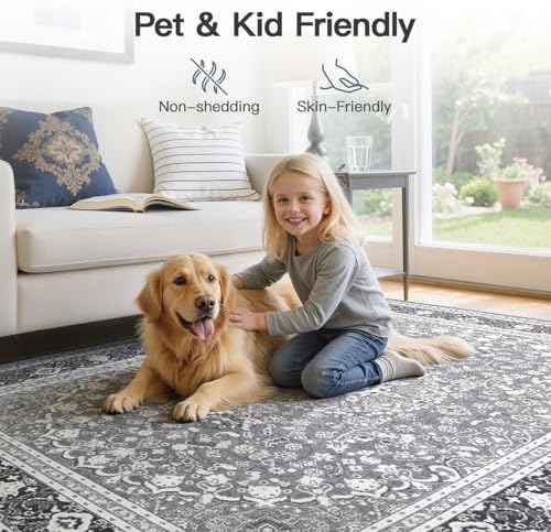 8x10 Area Rugs for Living Room, Washable Non-Slip Rug, Oriental Light Grey