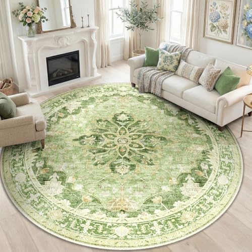 RELEANY Washable Area Rug, Round 8ft, Green/Yellow