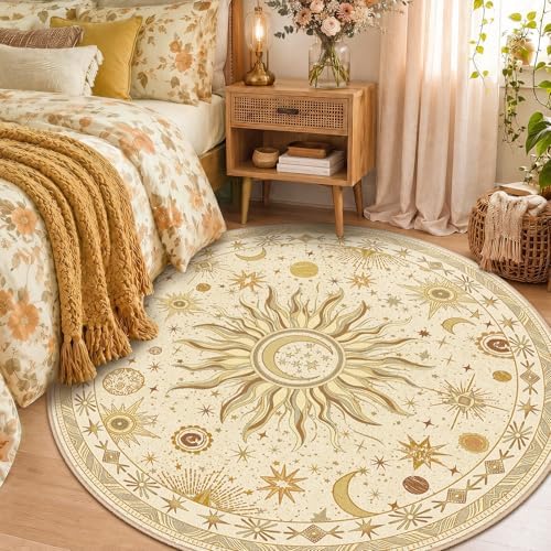 Vacuum-Friendly, Round 4ft Washable Area Rug, Beige Camel Brown