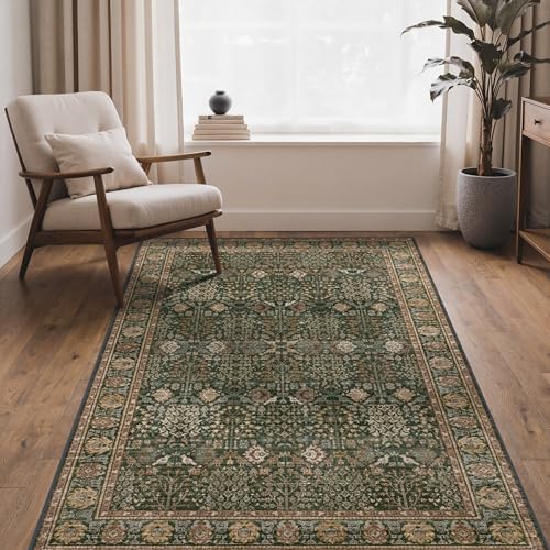 Bavni 4x6 Washable Area Rug for Living Room, Dark Green Brown