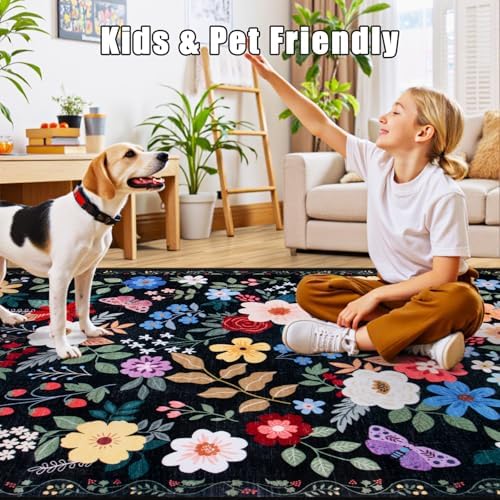 PLHXFR 2x5 Washable Runner Rug：Floral Indoor Kitchen Soft Carpet Black