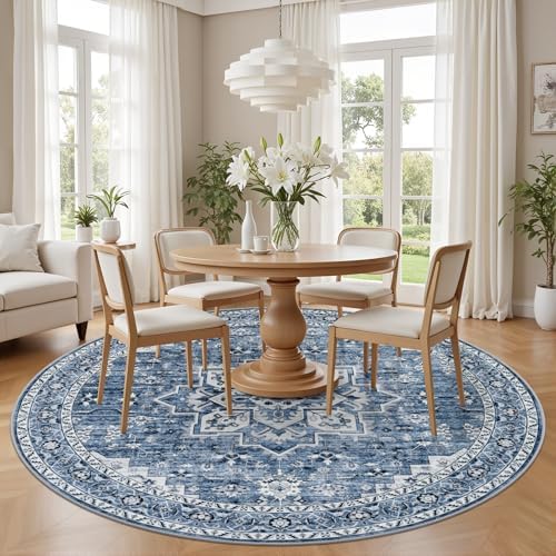 Round Area Rug for Living Room: 6ft Washable Rug for Bedroom Blue