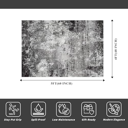 4x5 Washable Entryway Rug – Non-Slip Low Pile Throw Area Rug for Bathroom Kitchen Living Room Bedroom – Modern Abstract Neutral Soft Indoor Small Carpet (Black Grey,4x5)