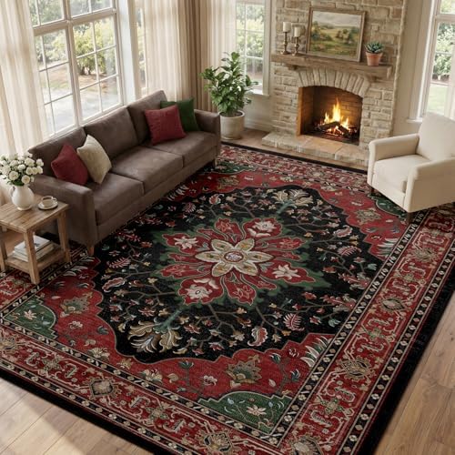 RELEANY Washable Area Rug, Large 10'x14', Red/Black