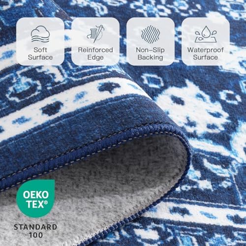 5x7 Area Rugs for Living Room, Washable Non-Slip Rug, Oriental Dark Blue