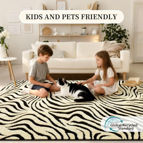 YIHOUSE 5×7 Ft Area Rugs for Living Room: Modern Washable Rug - Abstract Black and Cream White Rug for Bedroom Dining Room Office Playroom Nursery Home Decor - Nonslip Non-Shedding Striped Rugs