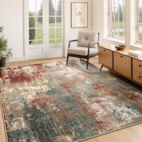RELEANY Washable 4'x5' Abstract Area Rug for Living Room Rustic Brown