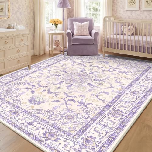 CAPALOCA 8x10 Washable Nursery Girls Low Pile Area Rug Purple Beige