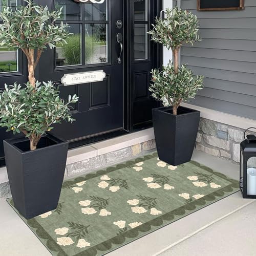 Front Door Mat Indoor Entrance - 2x4.3 Sage Green Boho Floral Rug