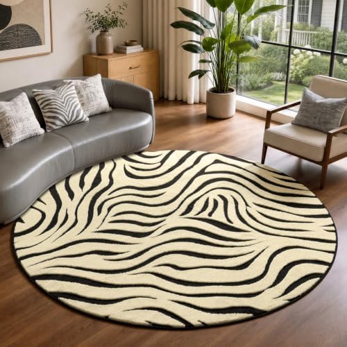YIHOUSE Zebra Round Rugs 5ft: Modern Washable Non-Slip Area Rug