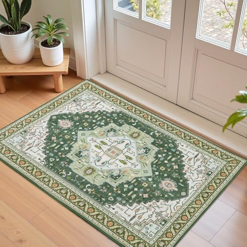 Macgace Washable Vintage Small Area Rug for Entryway, 2x3 Rugs Green White