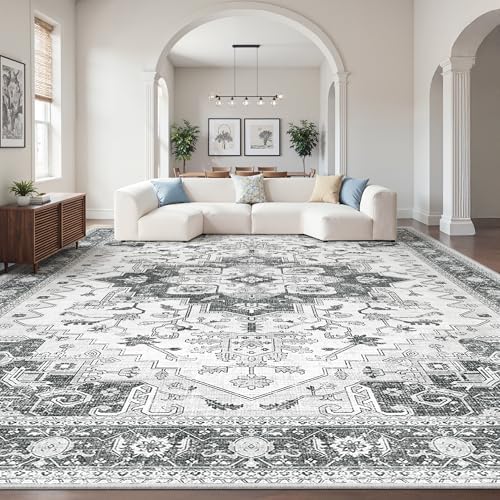 Machine Washable Rugs 9x12,Vintage Floral Area Rugs,Large Carpet Grey