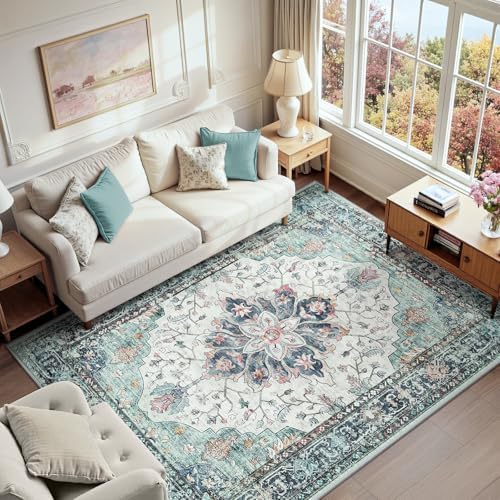 RELEANY Washable Area Rug, 6'x9', Teal Green/White/Navy