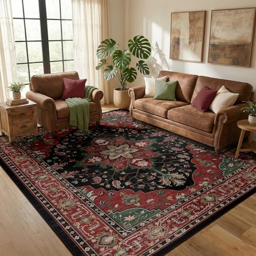 RELEANY Washable Area Rug, 5'x7', Red/Black