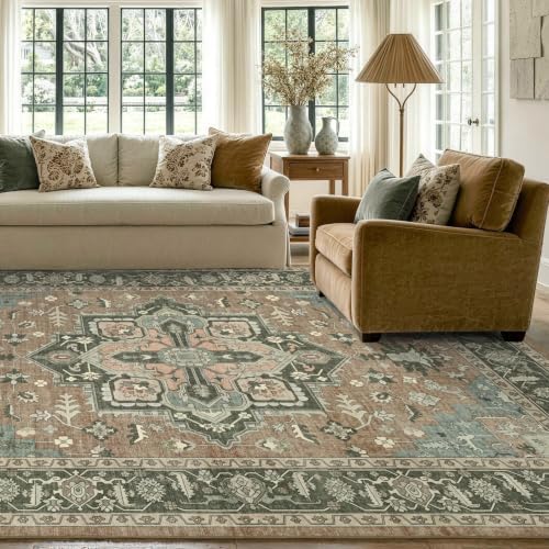 5x7 Ft Area Rugs for Living Room, Soft Non-Slip Machine Washable Rug, Vintage Stain Resistant Carpets for Bedroom Nursery Dining Room Home Decor (Brown)