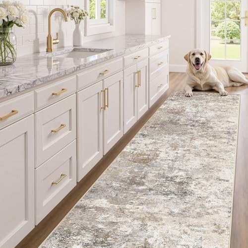 UERMEI 3x16 Washable Runner Rug for Hallway, Non Slip Low Pile Kitchen Carpet, Neutral Modern Abstract Indoor Floor Mat for Entryway Laundry, Kid & Pet Safe High Traffic Area, Brown Grey