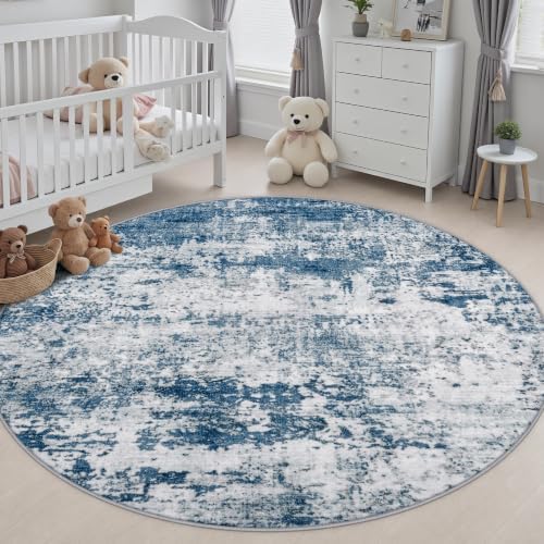 Round Area Rug Living Room: 6 ft Modern Washable Carpet Blue