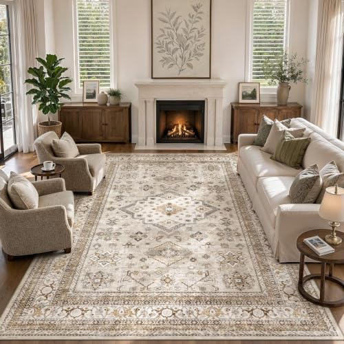 cotiled 5x8 Area Rug for Living Room, Washable, Traditional, Beige