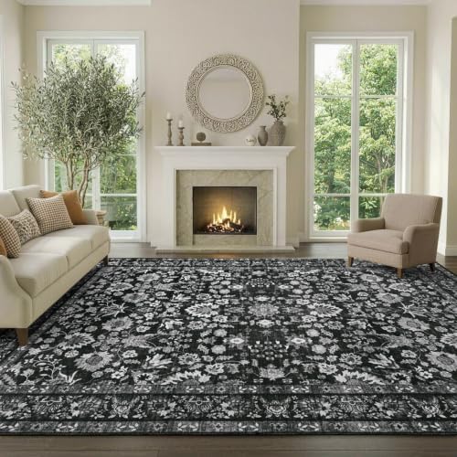 9x12 Ft Extra Large Area Rugs for Living Room, Soft Non-Slip Machine Washable Rug, Vintage Stain Resistant Carpets for Bedroom Nursery Dining Room Home Decor (Black)