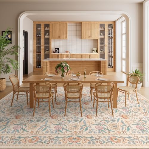 DUKINO 10x12 Area Rug for Living Room, Vintage Floral Washable Rug Beige