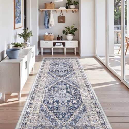 zesthome 3x8 Runner Rug Non Slip,Washable Hallway Runner Rug,Blue