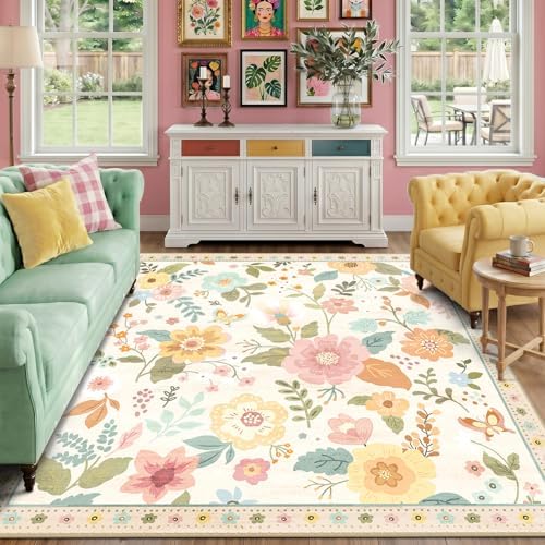 RELEANY Floral Washable Square 8ft Area Rug Beige/White/Orange