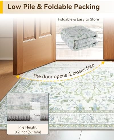 RELEANY Washable Area Rug, Runner 3'x12', Green/White/Blue