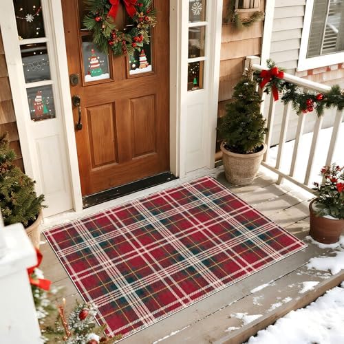 Christmas Plaid Outdoor Rug 28"x43" Front Door Mat Outside Entrance