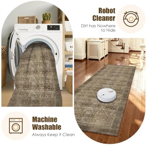 Washable Area Rug 2'6'' x 8' Vintage Traditional Persian Mat - Foldable Distressed Non-Slip Machine Washable Carpet for Living Room Bedroom Kitchen Home Decor - Mocha and Taupe