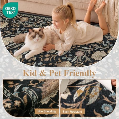 DUKINO 3x5 Rug, Washable Vintage Floral Bedroom Area Rug Non Slip, Black