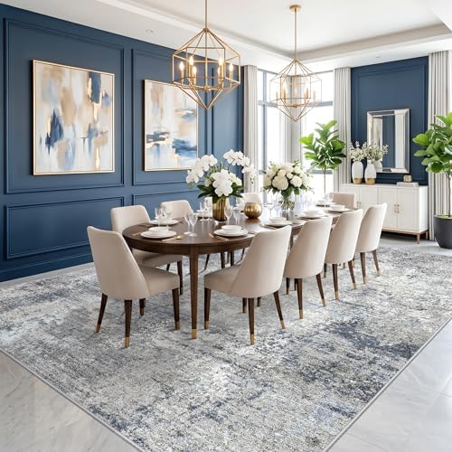 10x14 Area Rug for Living Room, Washable Modern Abstract Rug, Blue Grey