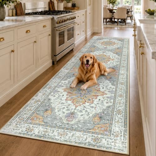 RELEANY Washable Area Rug, Runner 3'x10', Beige/Carbon Grey/Orange