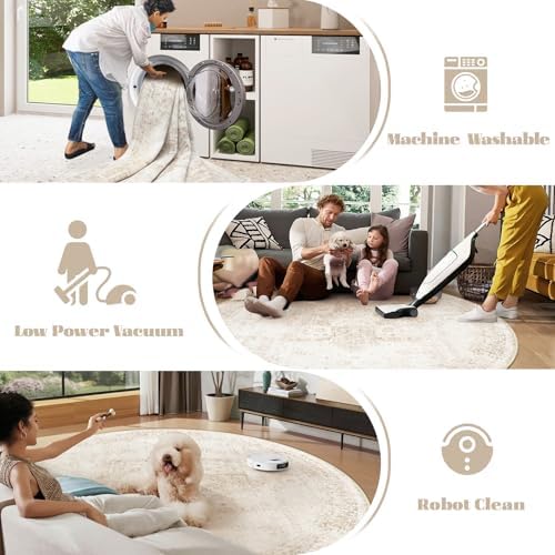 Round Rugs 8ft Washable Rug, Vintage Boho Medallion Rugs Non-Slip Soft Low Pile Circle Distressed Rug Indoor Retro Carpet for Living Room Bedroom Dining Room Home Office (Beige, 8' Round)