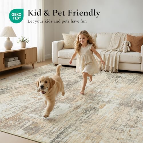 Rugflix 5x7 Area Rugs for Living Room, Washable Gold Beige Grey Large Rug