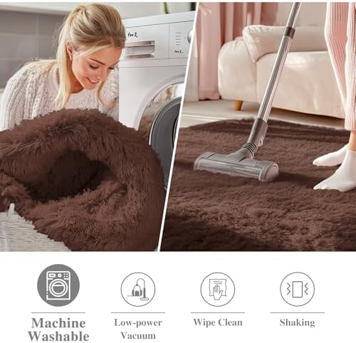 OLANLY Coffee Round Rugs for Bedroom - Machine Washable, 2 ft Circle Area Rugs for Living Room, Soft and Fluffy Shaggy Carpet for Teen Girls and Boys, Nursery Rooms, Dorms, Home Decor Aesthetic