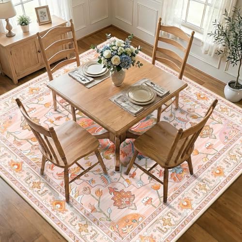 RELEANY Washable Area Rug, Square 7'x7', Pink/Light Pink/Colorful