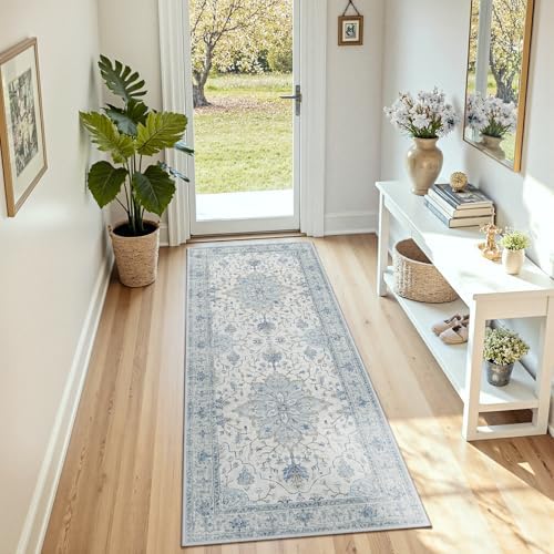 RELEANY Washable Area Rug, Runner 3'x6', Blue/White/Gray