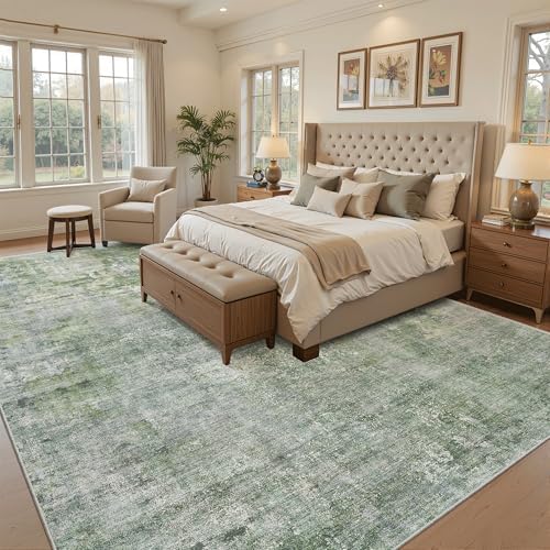 Soalmost 9x12 Area Rugs for Living Room Washable Rug Abstract Green/Ivory