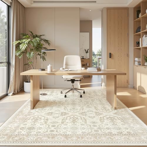 Soalmost 5x8 Area Rug Low Pile Washable Trendy Faded Style Rug, Beige/Brown