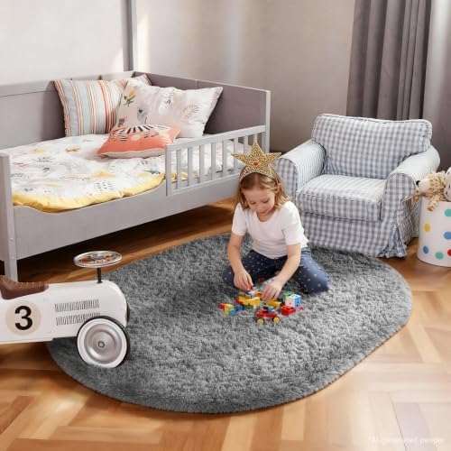 Ophanie 3x5 Oval Rug, Bedside Preppy Dorm Area Rug, College Essentials Non Slip Grey Small Carpets for Bedroom, Anti Slip Fluffy Gray Living Room Rugs Decor, Nursery with Over 99 pcs Pile fibers