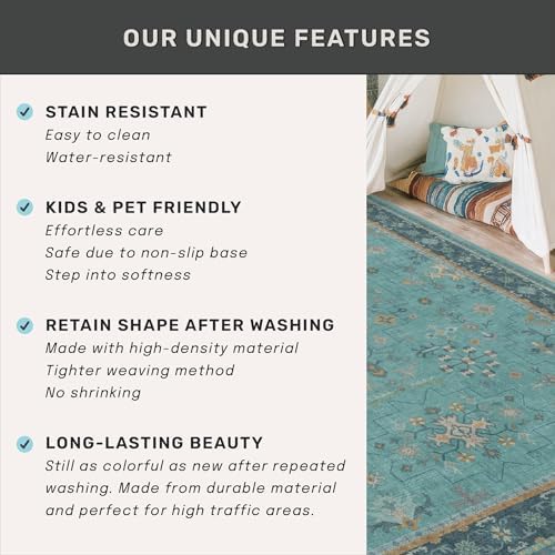 Washable 10x12 Large Teal Teal Boho Living Room Rug - Soft Floral Area Rugs for Bedroom Under Bed, Dining Room Under Table Non Slip, Low Pile & Stain Resistant Carpet