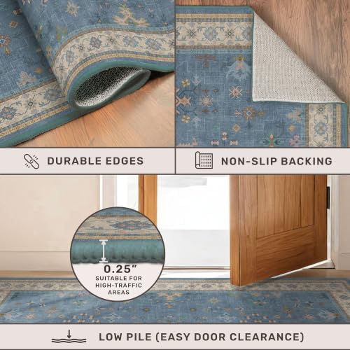 Blue 2x3 Washable Rug for Entryway Indoor, Kitchen Floor Waterproof, Bathroom, Powder Room, Non Slip Low Pile Stain & Fade Resistant, Modern Eclectic Floral Decor