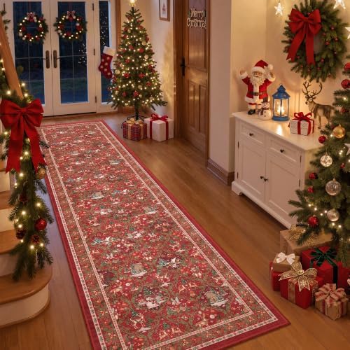 2x8 Christmas Runner Rug for Hallway,Washable Kitchen Rug,Red