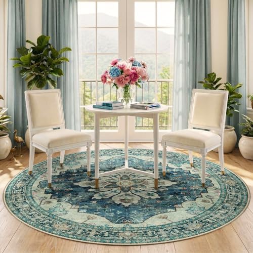 RELEANY Washable Area Rug, Round 6ft, Blue/Vintage Dark Blue